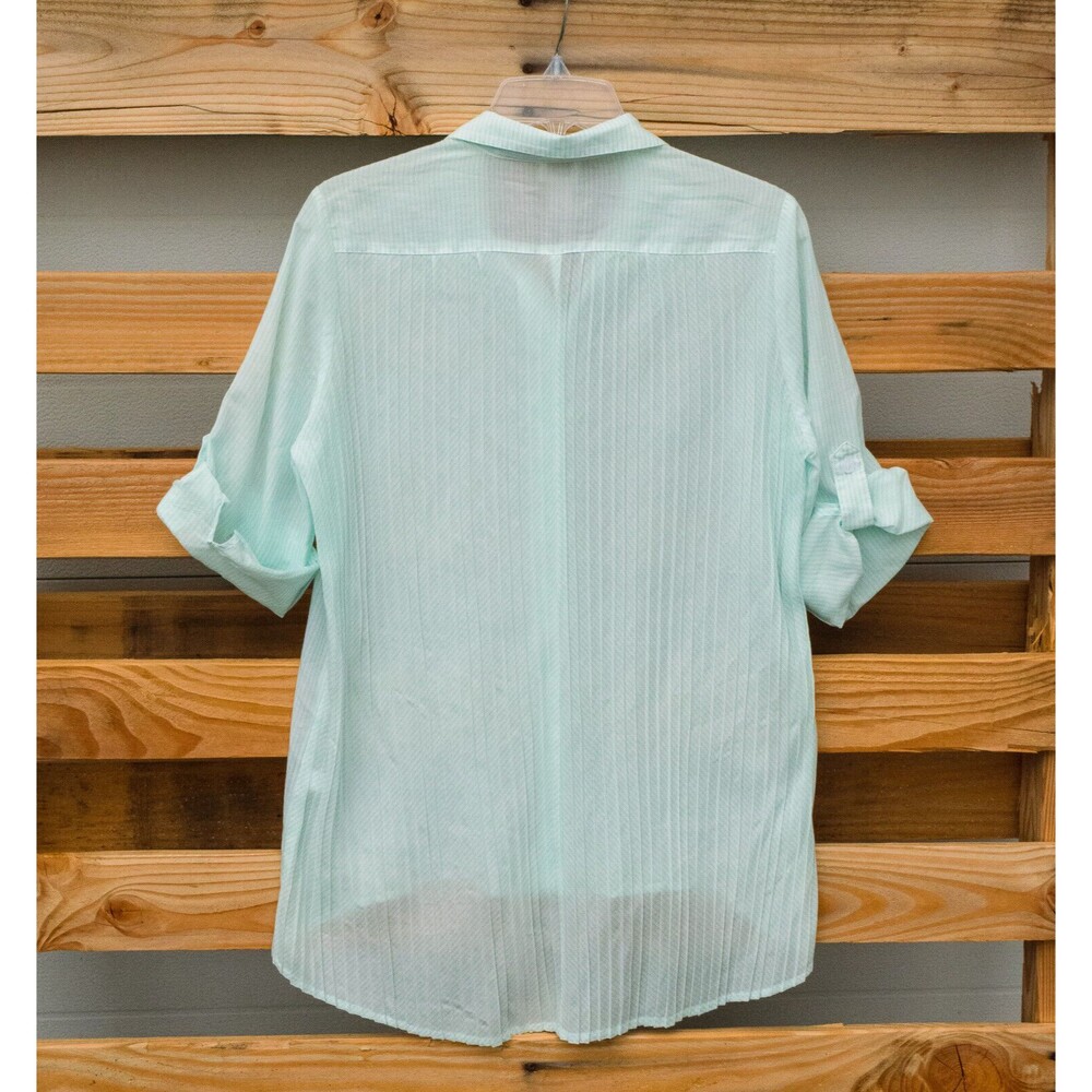 Chico's Mint Stripe Button Up Roll Sleeve Pleated Long Tunic Top Blouse Sz 0 (S) - Picture 3 of 3